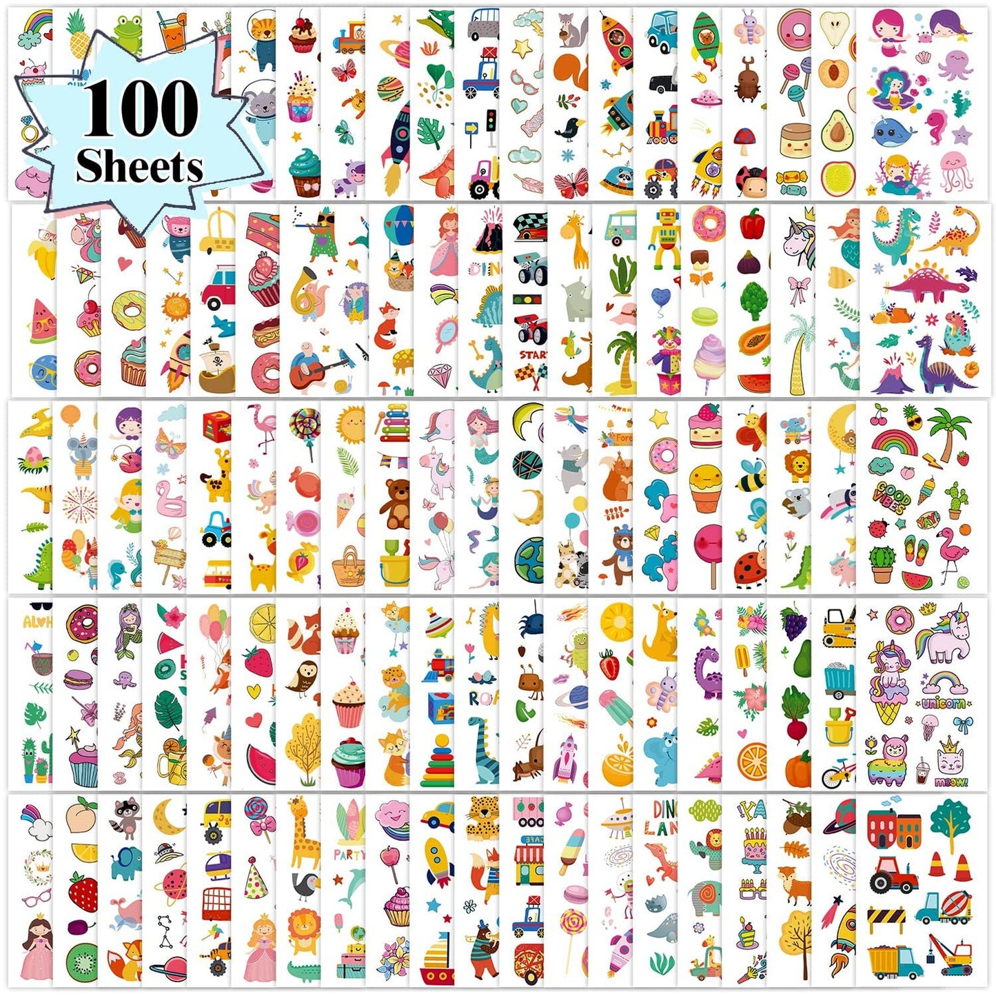 FunTats Variety Pack - 100 Sheets of Temporary Tattoos (1150 Styles) for Kids Goodie Bags. Fake Stickers for Boys and Girls Party Favors, Cute Birthday Gifts and Prizes.