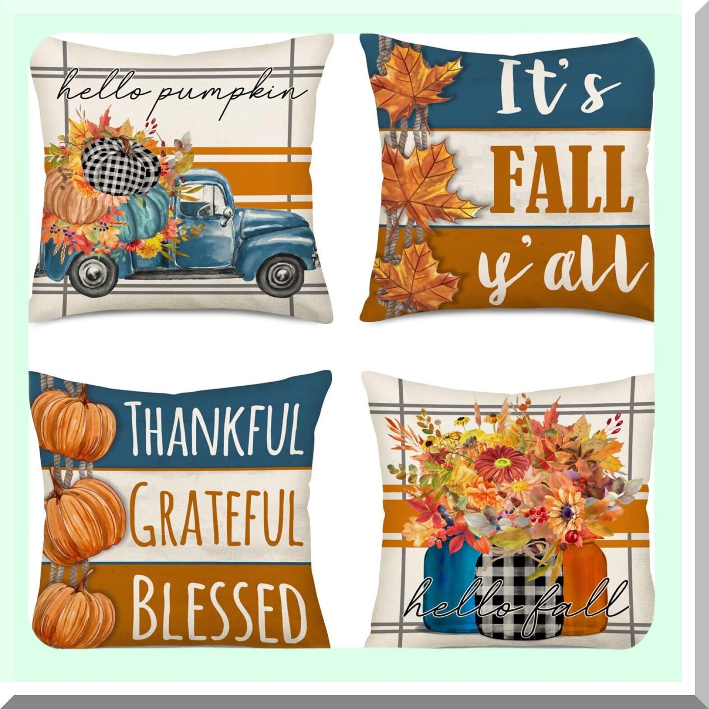 Fall Harvest Pillow Cover Set - Blue Truck & Pumpkins Decor - Thankful Grateful Blessed Maple Leaf Cushion Case - Autumn Home Sofa Decor - 22x22 Inch Set of 4 - Hello Fall Y'All Jar Theme