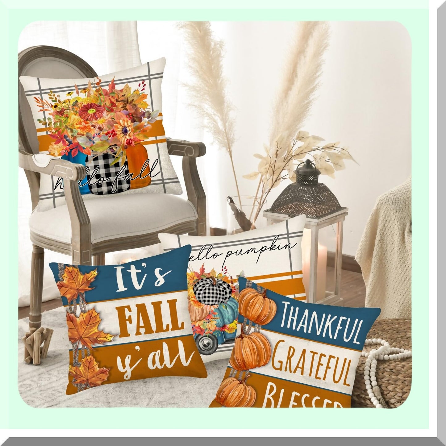 Fall Harvest Pillow Cover Set - Blue Truck & Pumpkins Decor - Thankful Grateful Blessed Maple Leaf Cushion Case - Autumn Home Sofa Decor - 22x22 Inch Set of 4 - Hello Fall Y'All Jar Theme