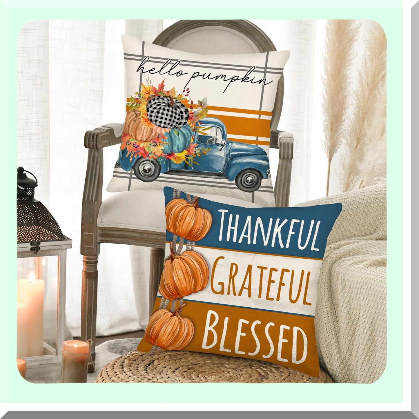 Fall Harvest Pillow Cover Set - Blue Truck & Pumpkins Decor - Thankful Grateful Blessed Maple Leaf Cushion Case - Autumn Home Sofa Decor - 22x22 Inch Set of 4 - Hello Fall Y'All Jar Theme