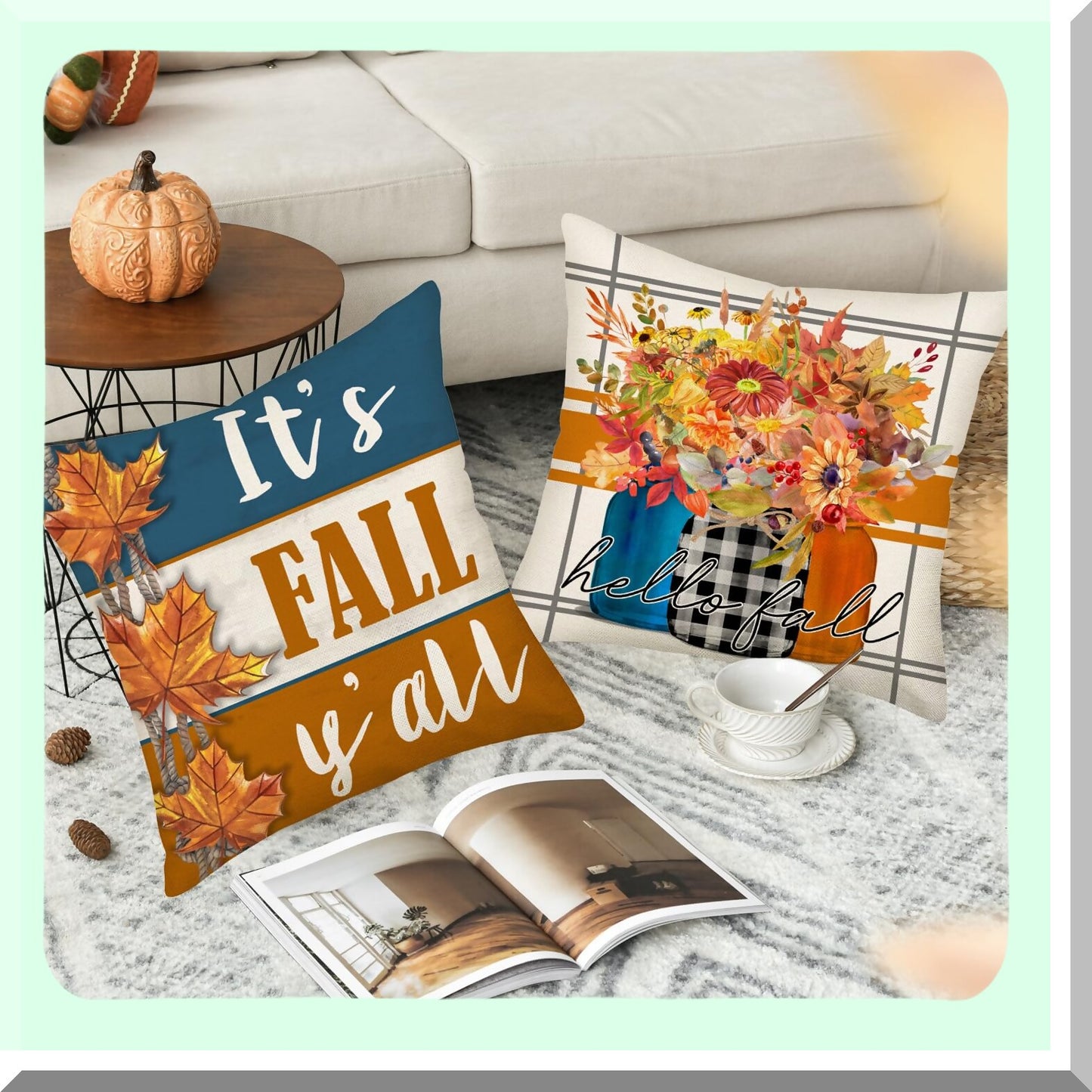 Fall Harvest Pillow Cover Set - Blue Truck & Pumpkins Decor - Thankful Grateful Blessed Maple Leaf Cushion Case - Autumn Home Sofa Decor - 22x22 Inch Set of 4 - Hello Fall Y'All Jar Theme