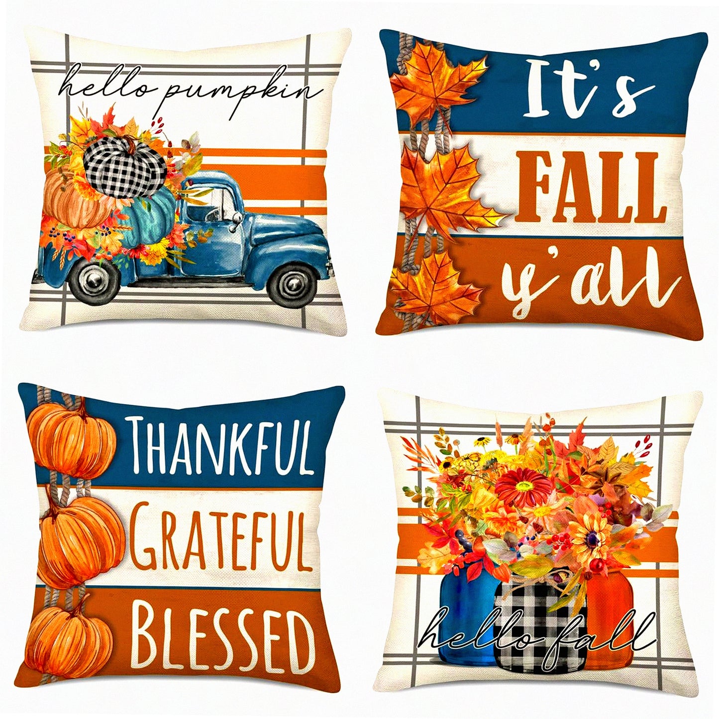 Fall Harvest Pillow Cover Set - Blue Truck & Pumpkins Decor - Thankful Grateful Blessed Maple Leaf Cushion Case - Autumn Home Sofa Decor - 22x22 Inch Set of 4 - Hello Fall Y'All Jar Theme