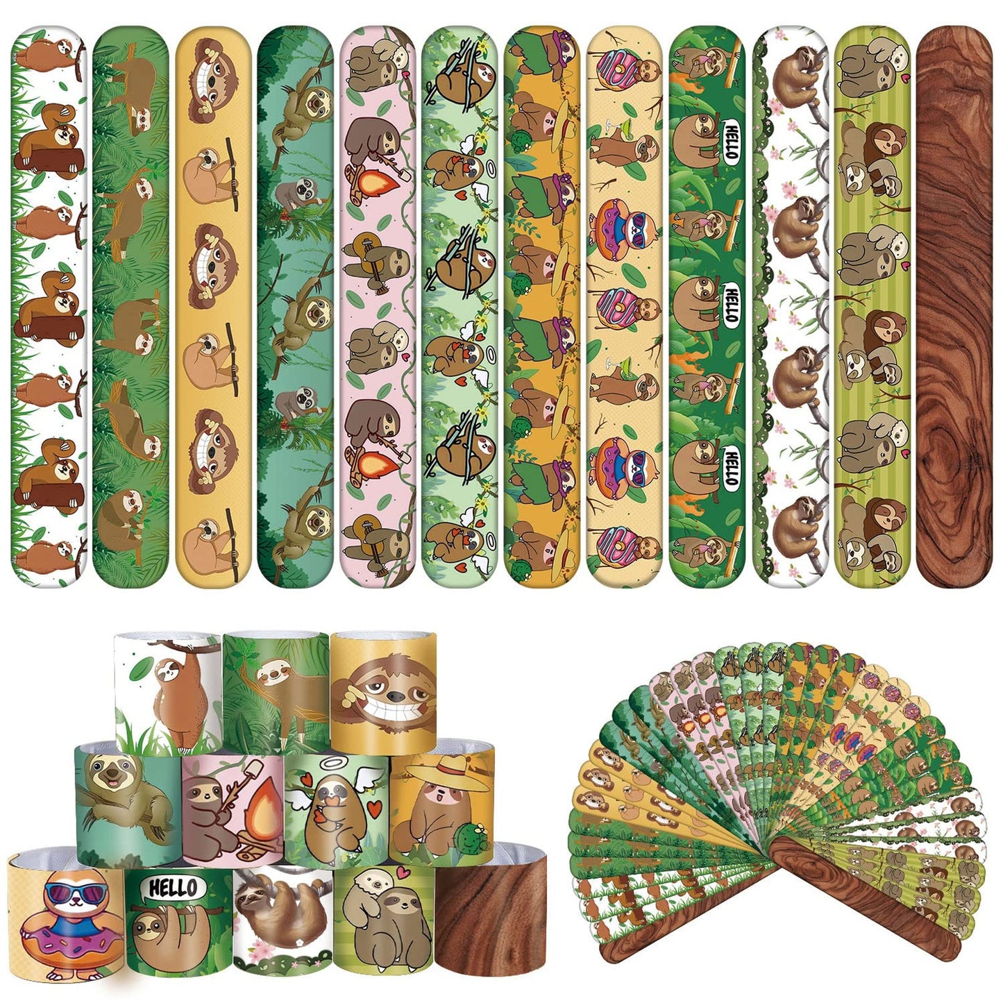 Sloth Slap Bracelets - Jungle Party Favors Set of 48 | Woodland Theme Birthday Supplies for Kids | Baby Shower Decorations & Classroom Prizes