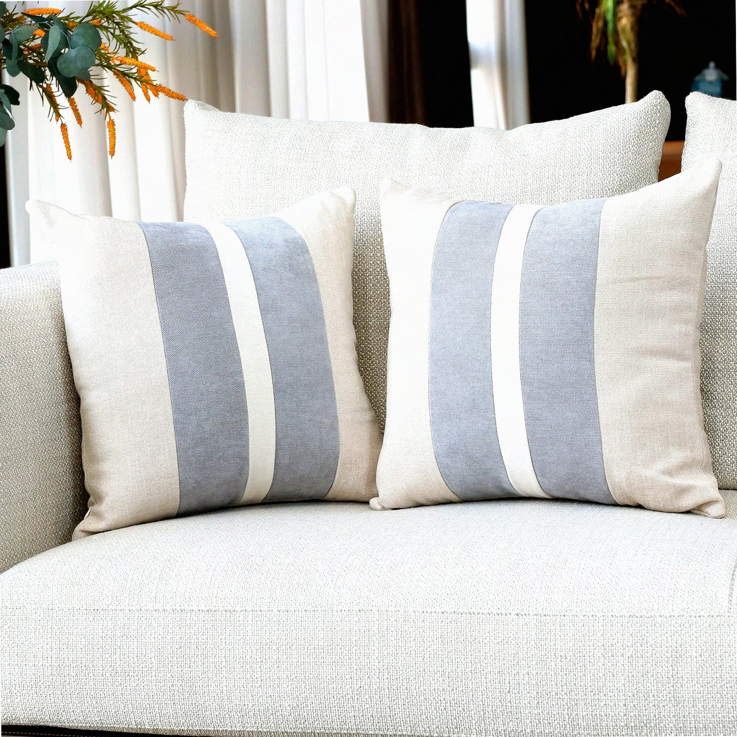 Rustic Stripe Farmhouse Pillow Covers - Set of 2 Beige & Gray 18x18 Inch Decorative Cushion Covers for Couch, Chair, Bedroom - Modern Home Decor Accents