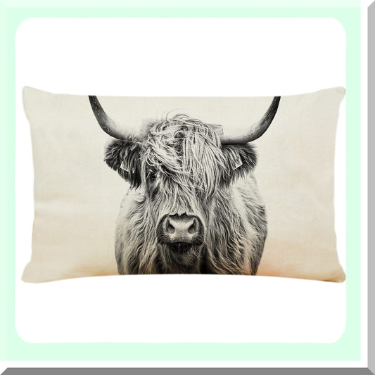 Highland Cow Linen Cushion Cover - Decorative Pillow for Couch Sofa Bed - 12 X 20 Inch Home Decor - Highland Cow Pillow Cover