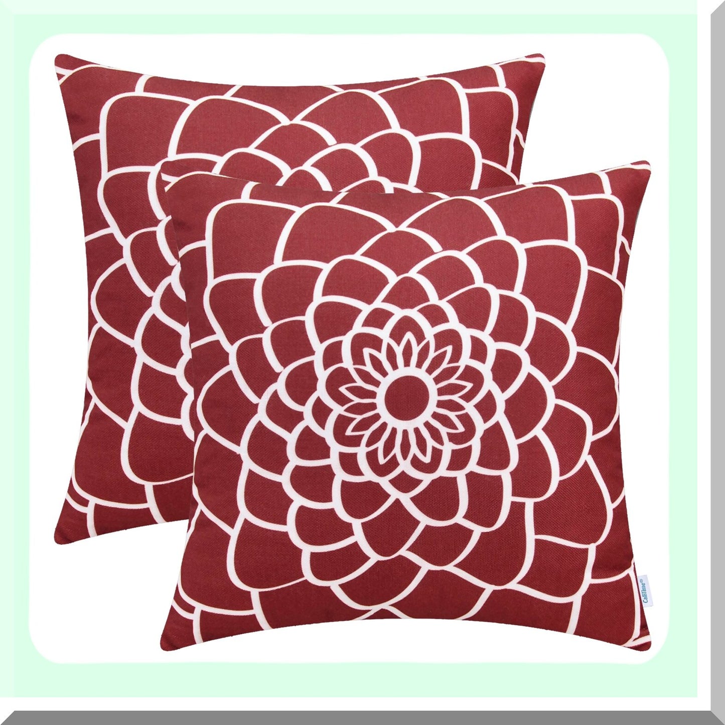 Floral Dahlia Canvas Pillow Covers - Set of 2, Soft Sofa Home Decor Cases, 18x18 Inches, Dark Red, Outline Print, Couch Accent, Both Sides