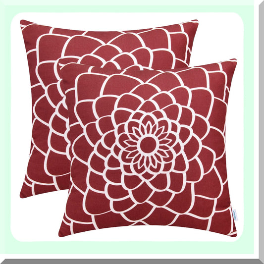 Floral Dahlia Canvas Pillow Covers - Set of 2, Soft Sofa Home Decor Cases, 18x18 Inches, Dark Red, Outline Print, Couch Accent, Both Sides