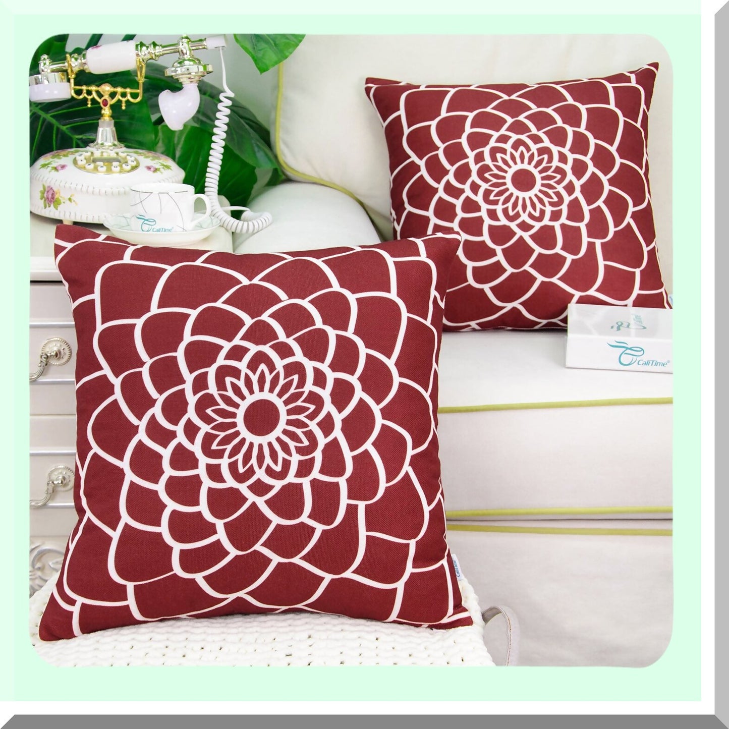 Floral Dahlia Canvas Pillow Covers - Set of 2, Soft Sofa Home Decor Cases, 18x18 Inches, Dark Red, Outline Print, Couch Accent, Both Sides