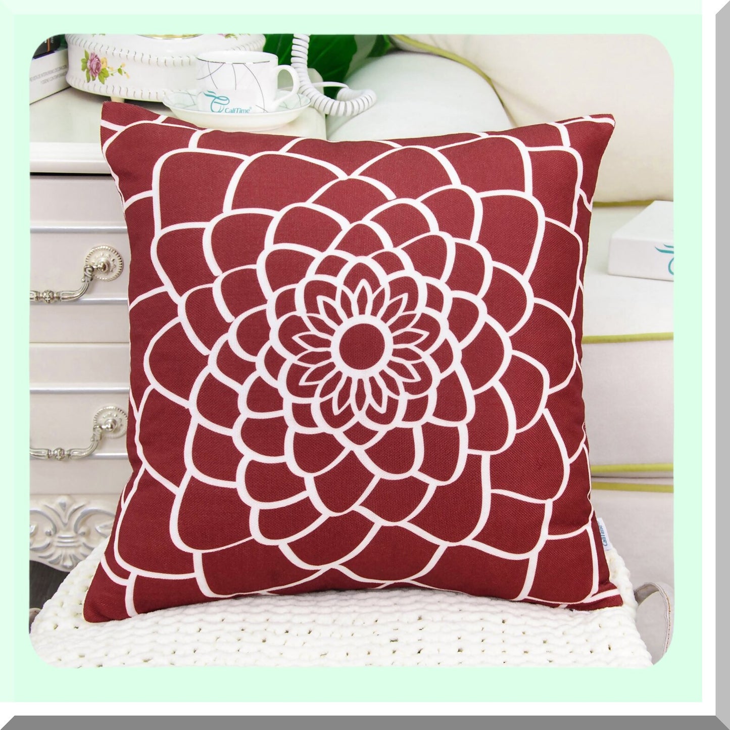 Floral Dahlia Canvas Pillow Covers - Set of 2, Soft Sofa Home Decor Cases, 18x18 Inches, Dark Red, Outline Print, Couch Accent, Both Sides