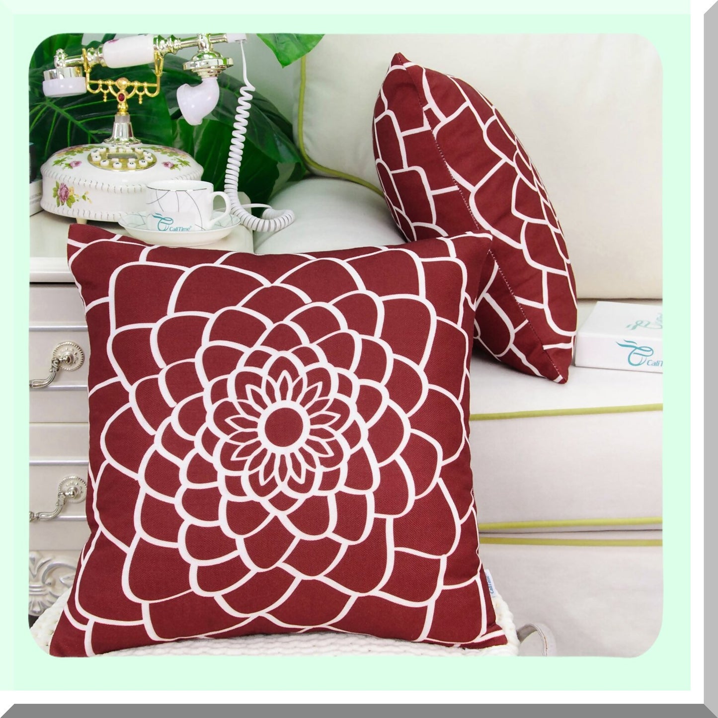 Floral Dahlia Canvas Pillow Covers - Set of 2, Soft Sofa Home Decor Cases, 18x18 Inches, Dark Red, Outline Print, Couch Accent, Both Sides