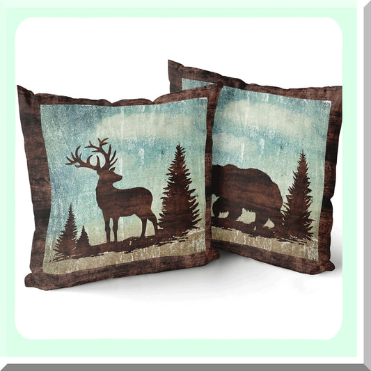 Wildlife Vintage Pillowcase Set - Elk Moose Tree Decorative Cushion Covers - Soft Cotton Double Sided Pillow Covers for Sofa & Bed - Holiday Home Decor - 18 X 18 Inch Bear Deer Pillow Cover Set