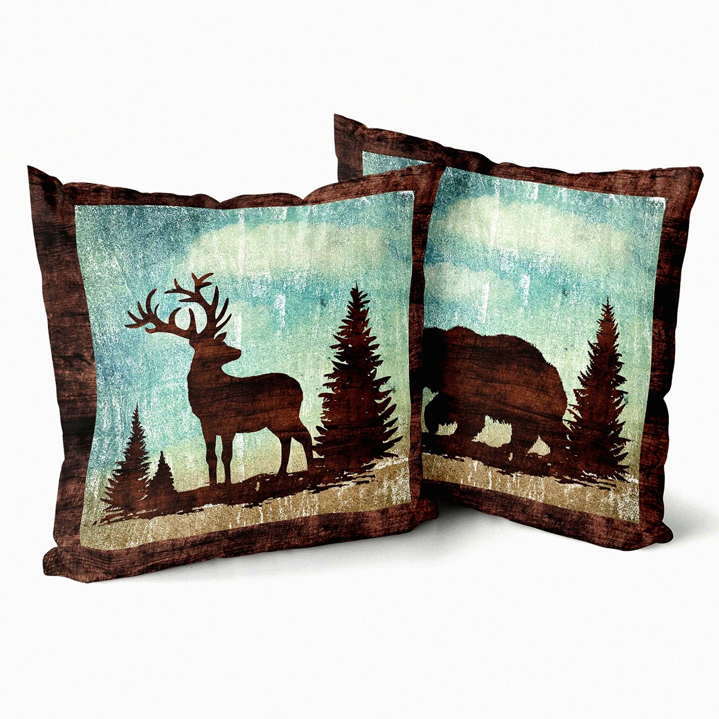Wildlife Vintage Pillowcase Set - Elk Moose Tree Decorative Cushion Covers - Soft Cotton Double Sided Pillow Covers for Sofa & Bed - Holiday Home Decor - 18 X 18 Inch Bear Deer Pillow Cover Set