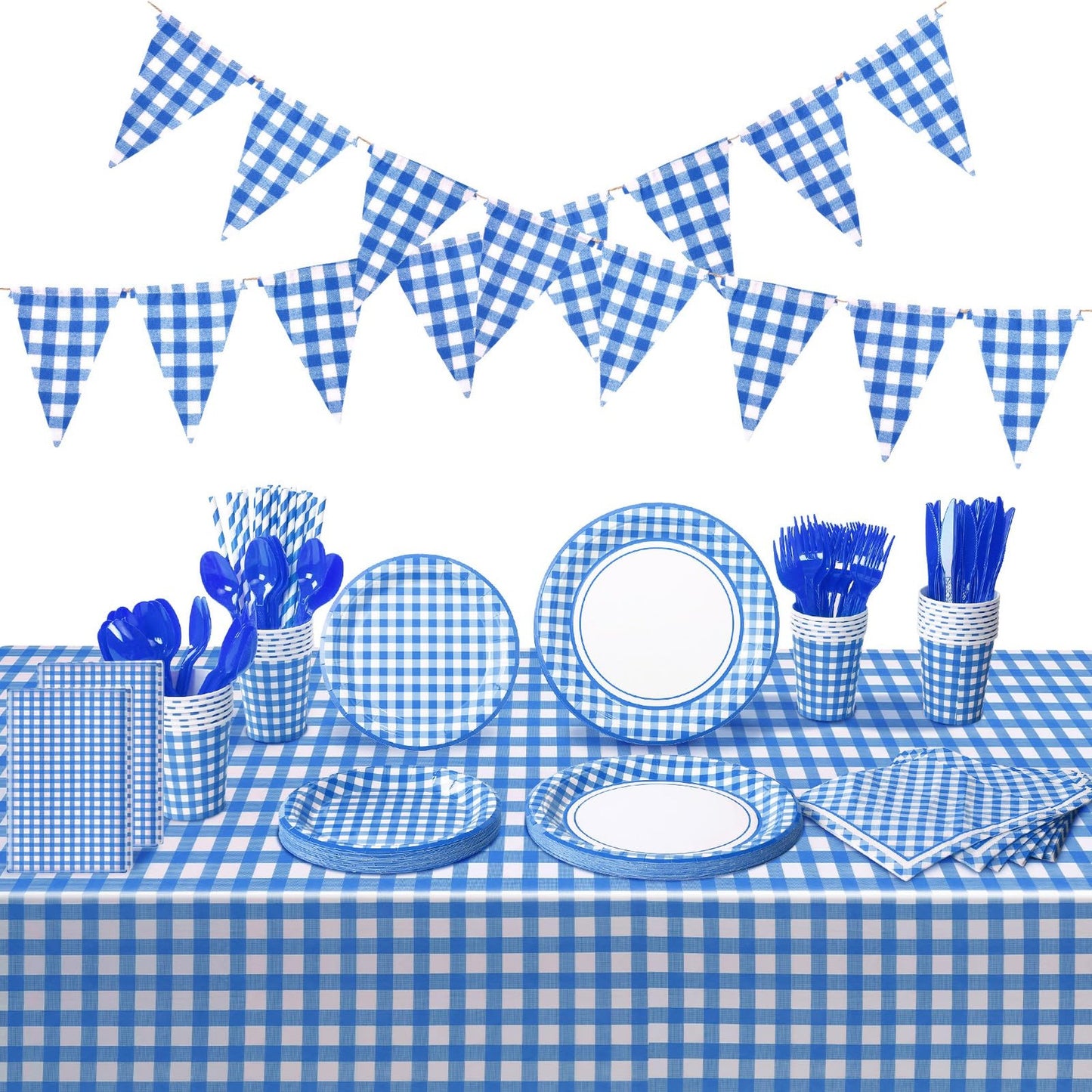 Checkered Plaid Party Pack - 205 Pcs Tablecloth, Banner, Plate, Cup, Napkin, Cutlery & Straw Set for Birthday, Family Dinner, Picnic, BBQ - Blue & White
