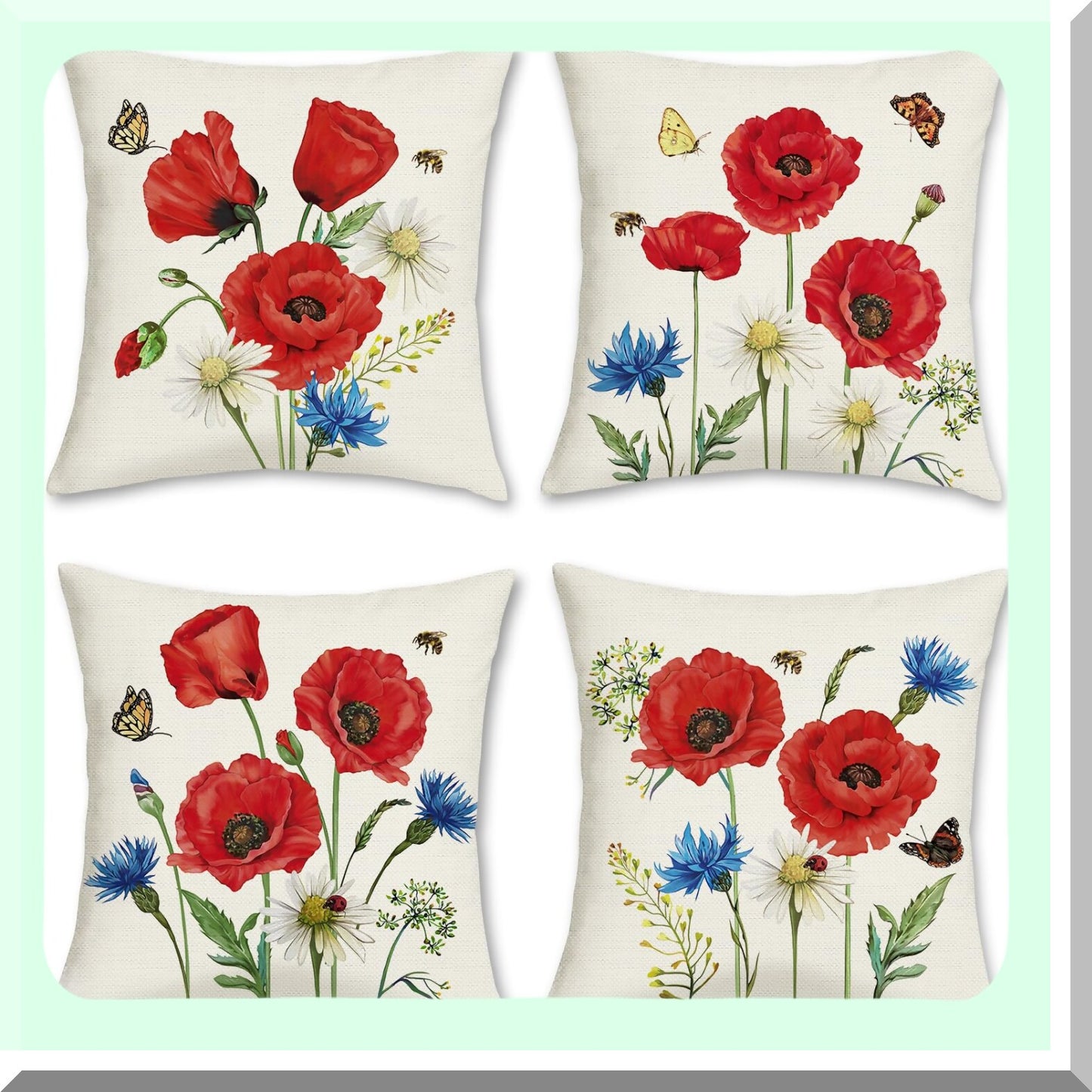 Spring Blossom Pillow Covers 18x18 Set of 4 - Red Floral Gifts Decor - Decorative Throw Pillow Cases - Polyester Linen Outdoor - Sofa Couch Bar Club - Valentines Day Decor