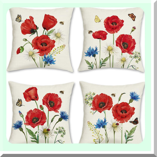 Spring Blossom Pillow Covers 18x18 Set of 4 - Red Floral Gifts Decor - Decorative Throw Pillow Cases - Polyester Linen Outdoor - Sofa Couch Bar Club - Valentines Day Decor