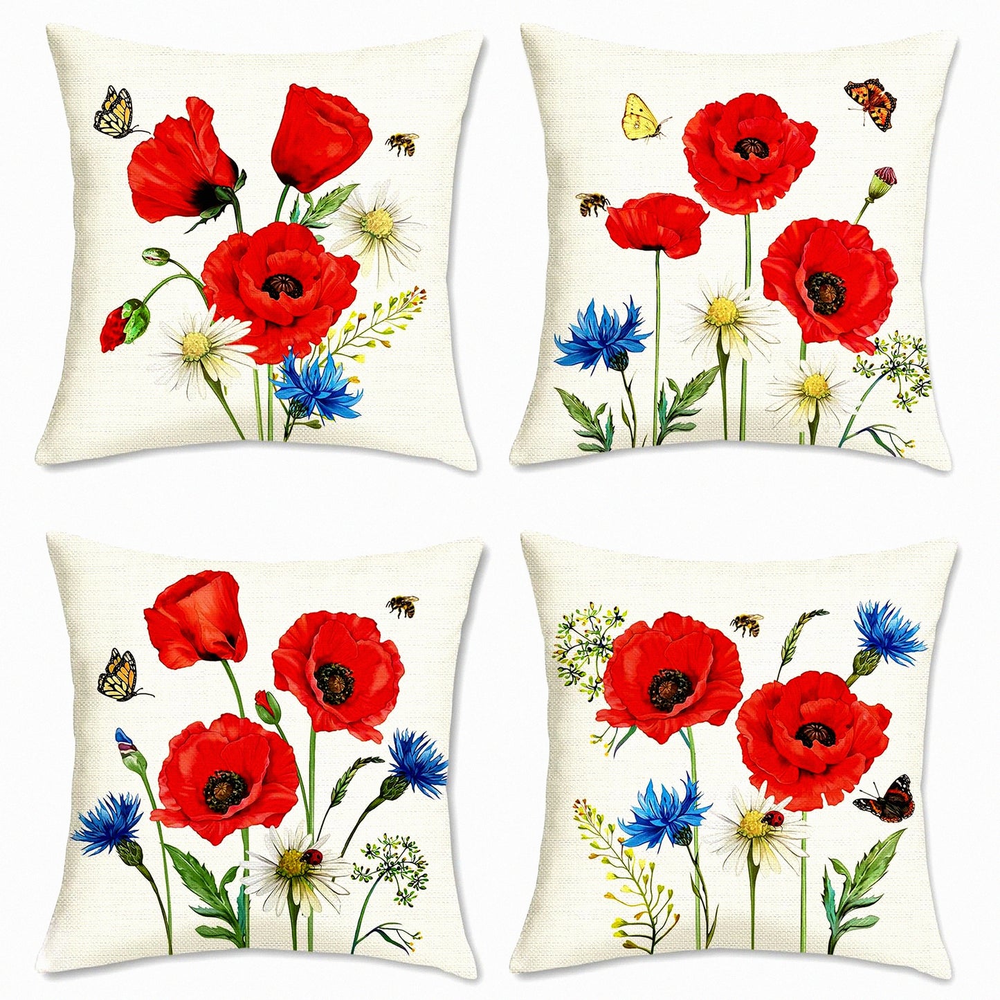 Spring Blossom Pillow Covers 18x18 Set of 4 - Red Floral Gifts Decor - Decorative Throw Pillow Cases - Polyester Linen Outdoor - Sofa Couch Bar Club - Valentines Day Decor