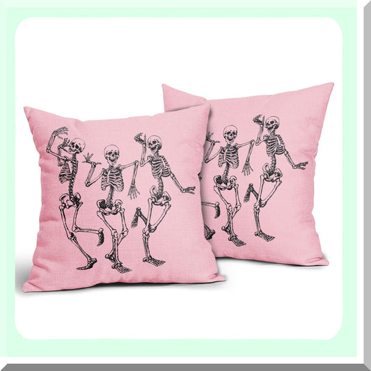 Skeleton Chic Pillow Covers - Set of 2 Funny Vintage Pink Cushion Cases for Autumn Home Decor. 20X20 Cotton Linen Sofa Patio Porch Outdoor.