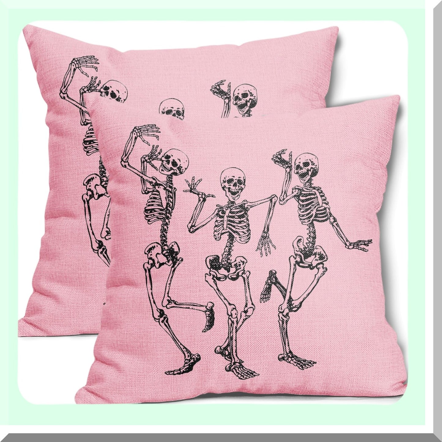Skeleton Chic Pillow Covers - Set of 2 Funny Vintage Pink Cushion Cases for Autumn Home Decor. 20X20 Cotton Linen Sofa Patio Porch Outdoor.