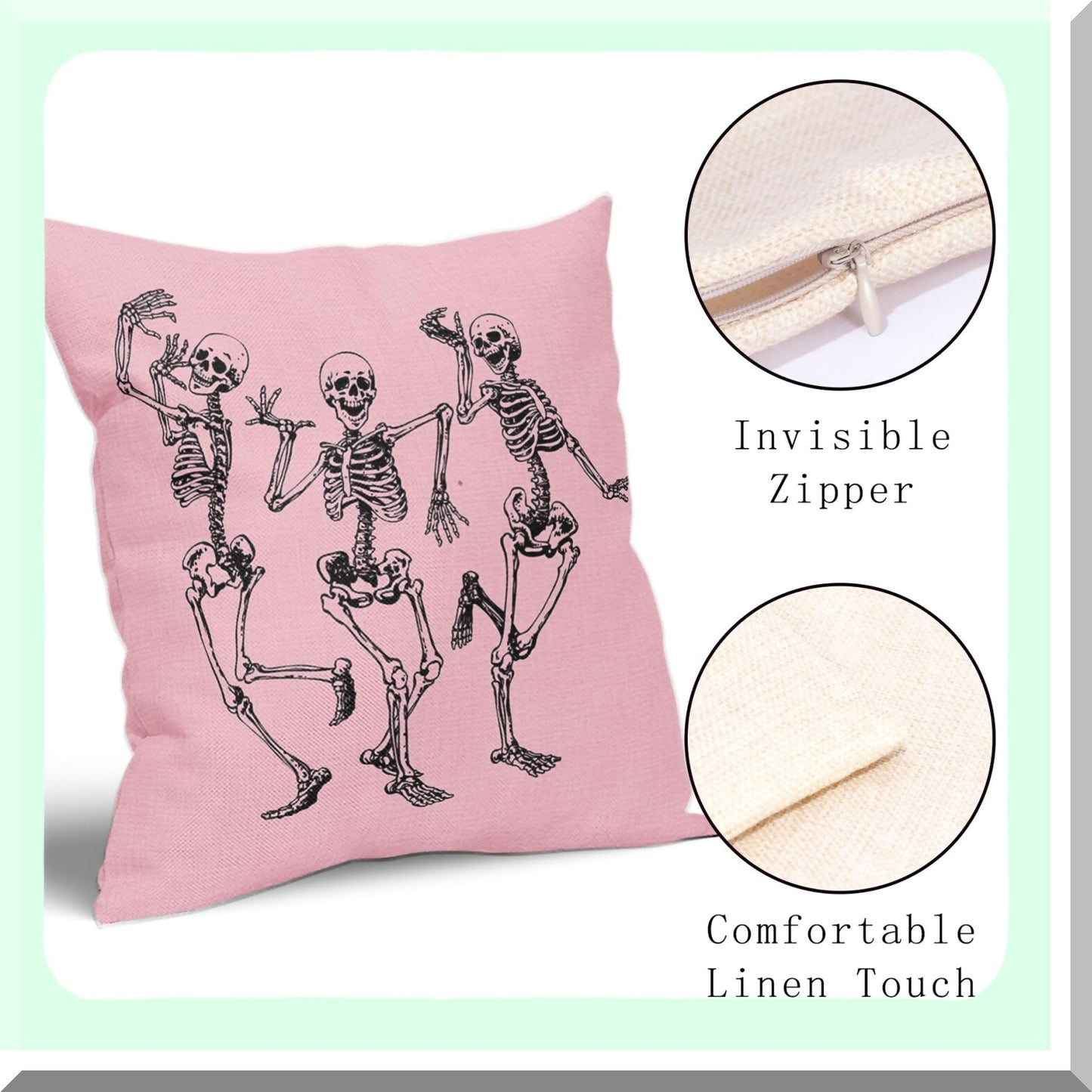 Skeleton Chic Pillow Covers - Set of 2 Funny Vintage Pink Cushion Cases for Autumn Home Decor. 20X20 Cotton Linen Sofa Patio Porch Outdoor.