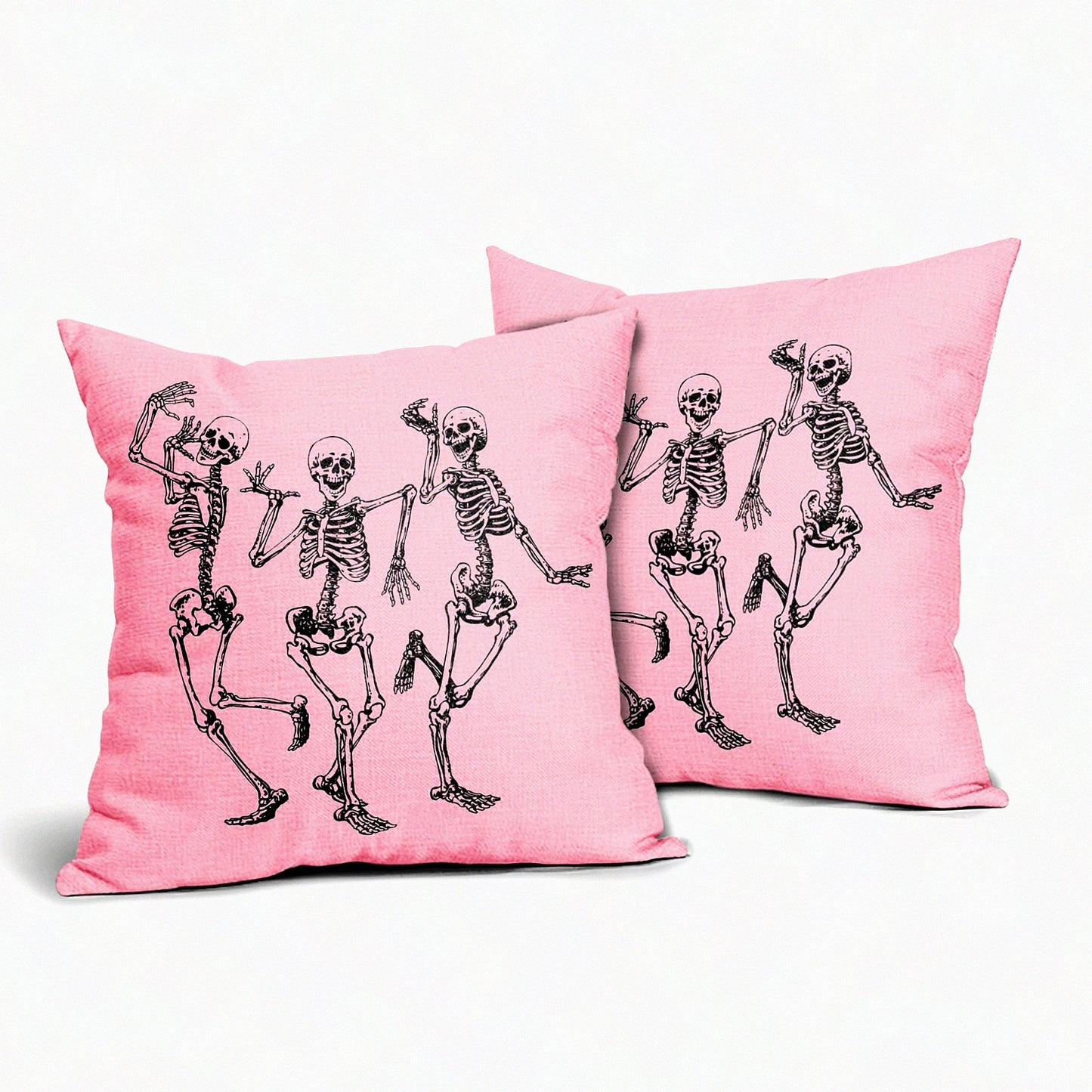 Skeleton Chic Pillow Covers - Set of 2 Funny Vintage Pink Cushion Cases for Autumn Home Decor. 20X20 Cotton Linen Sofa Patio Porch Outdoor.