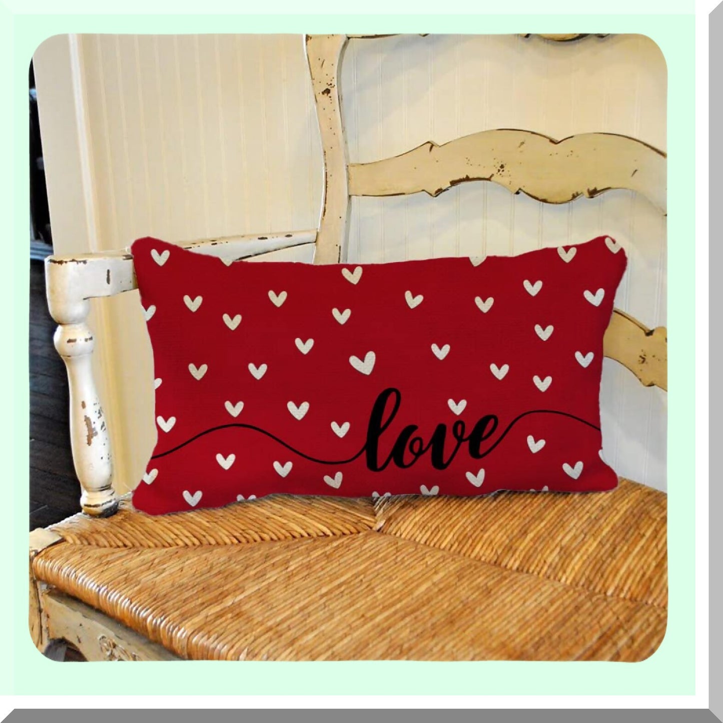 Love Heart Farmhouse Pillow Cover - 12x20 Inch Decorative Throw Pillows for Valentines Day Home Decorations in Red