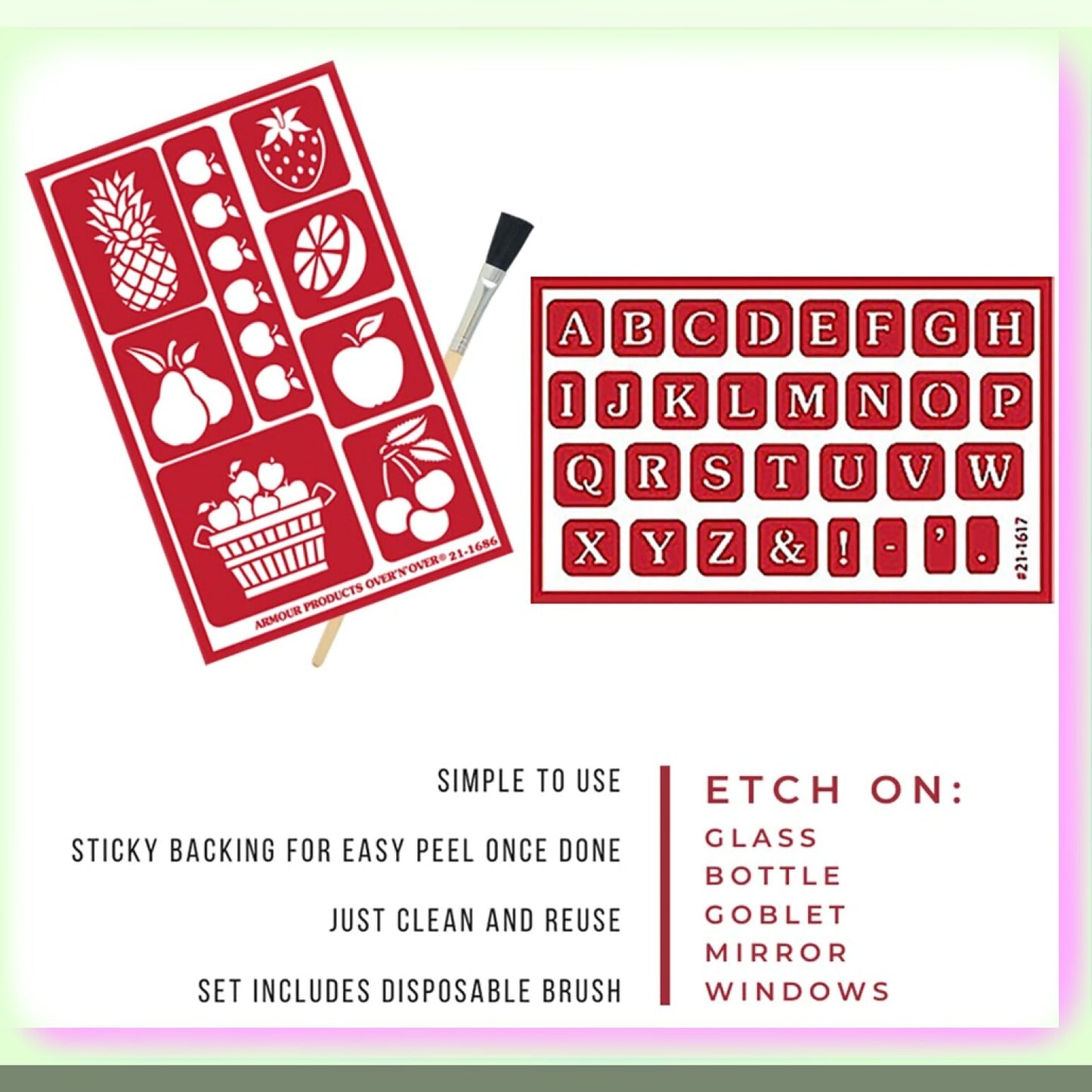 Fruit and Alphabet Reusable Glass Etching Stencil Set