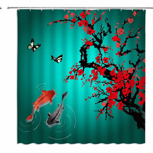 Asian Shower Curtain Red Cherry Blossom Koi Fish 70" x 70"