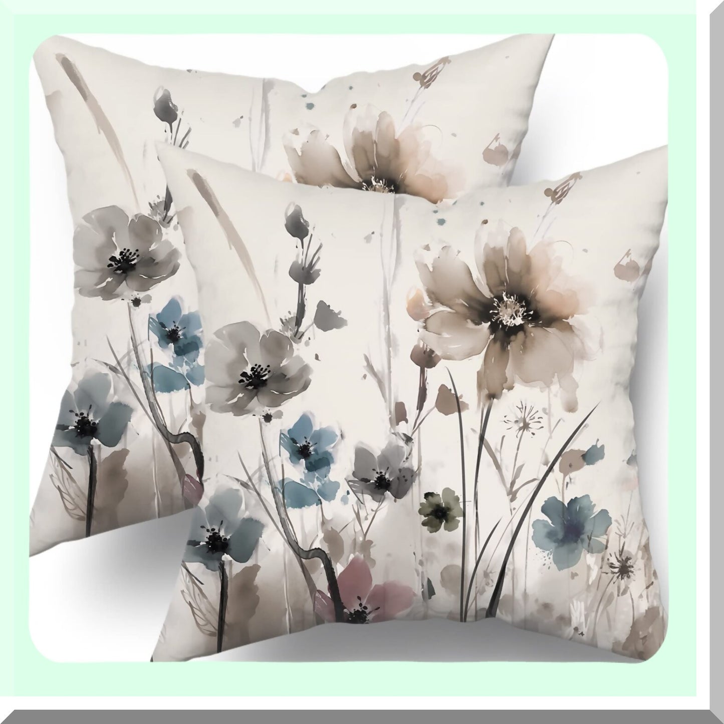 Rustic Floral Watercolor Pillow Covers - Set of 2 20x20 Brown Grey Blue Flower Decorative Throw Pillows - Modern Farmhouse Cushion Case for Couch Bed - Outdoor Art PillowCase Cotton Sofa Decor