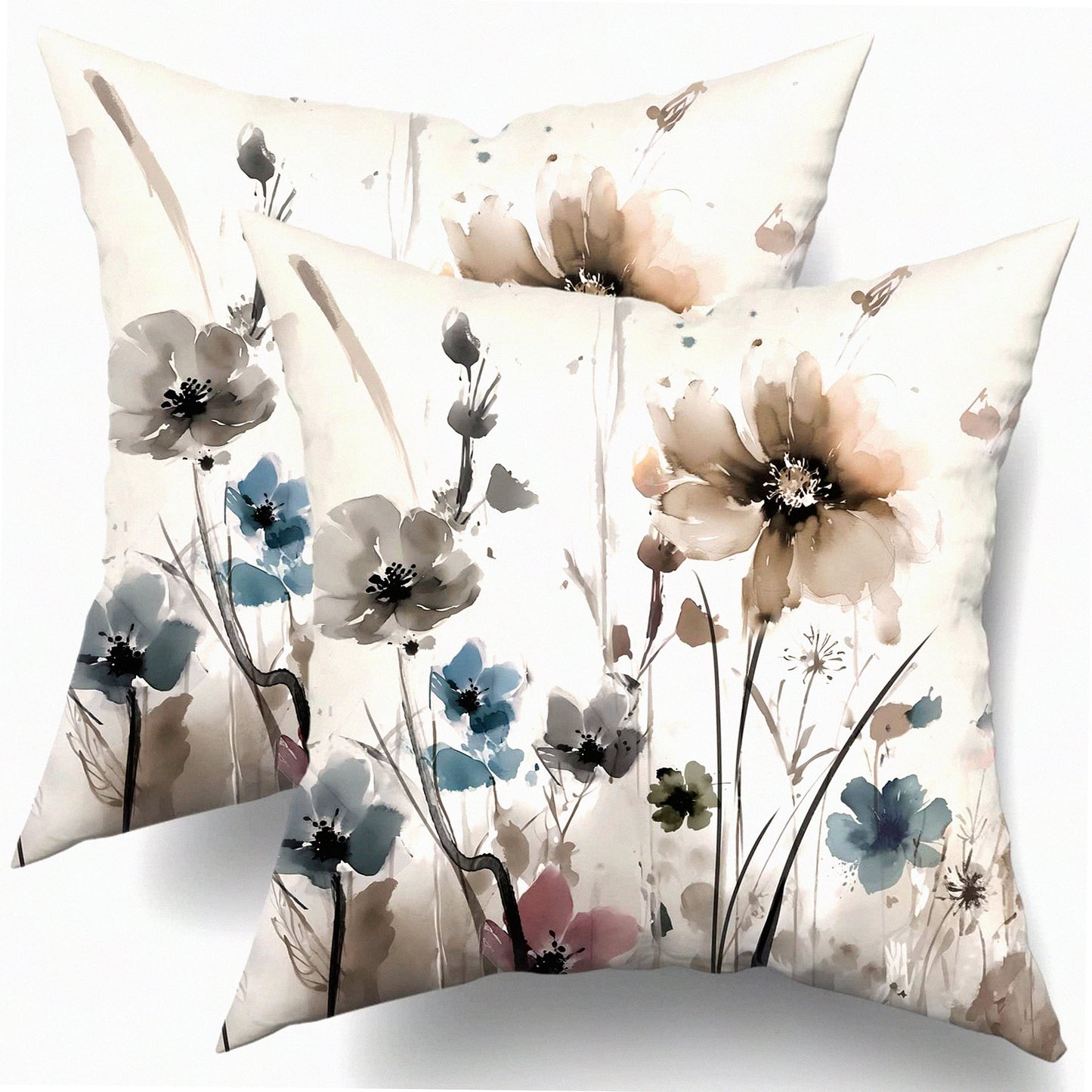 Rustic Floral Watercolor Pillow Covers - Set of 2 20x20 Brown Grey Blue Flower Decorative Throw Pillows - Modern Farmhouse Cushion Case for Couch Bed - Outdoor Art PillowCase Cotton Sofa Decor