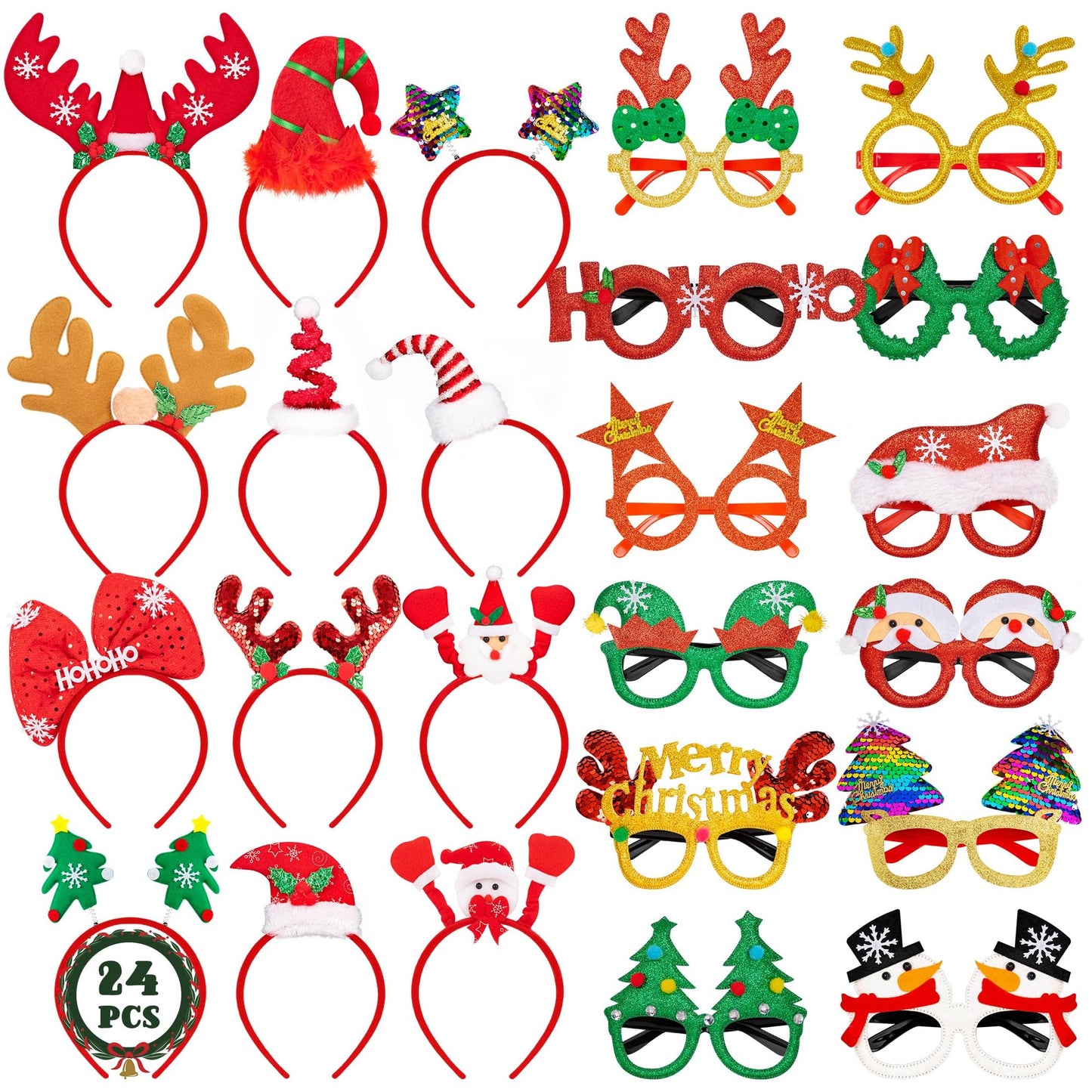Festive Fun Headband & Gles Set - 24 PCS Cute Felt Glitter Headpieces for Xmas New Year Holiday Party Supplies - Various Styles for Adults & Kids