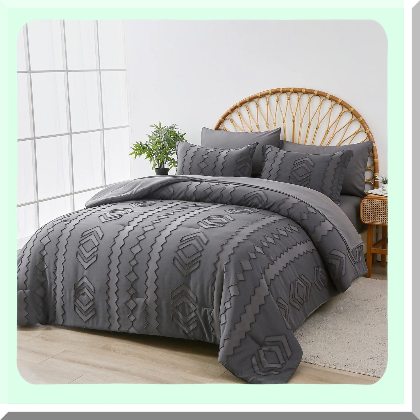 Boho Chic Jacquard Comforter Set - Dark Grey Queen Bedding Ensemble - Farmhouse Microfiber Bed in a Bag - Shabby Chic 7 Piece Sheet Set