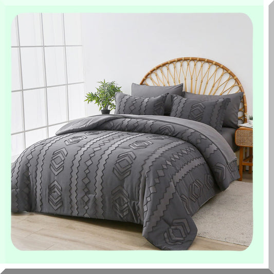 Boho Chic Jacquard Comforter Set - Dark Grey Queen Bedding Ensemble - Farmhouse Microfiber Bed in a Bag - Shabby Chic 7 Piece Sheet Set