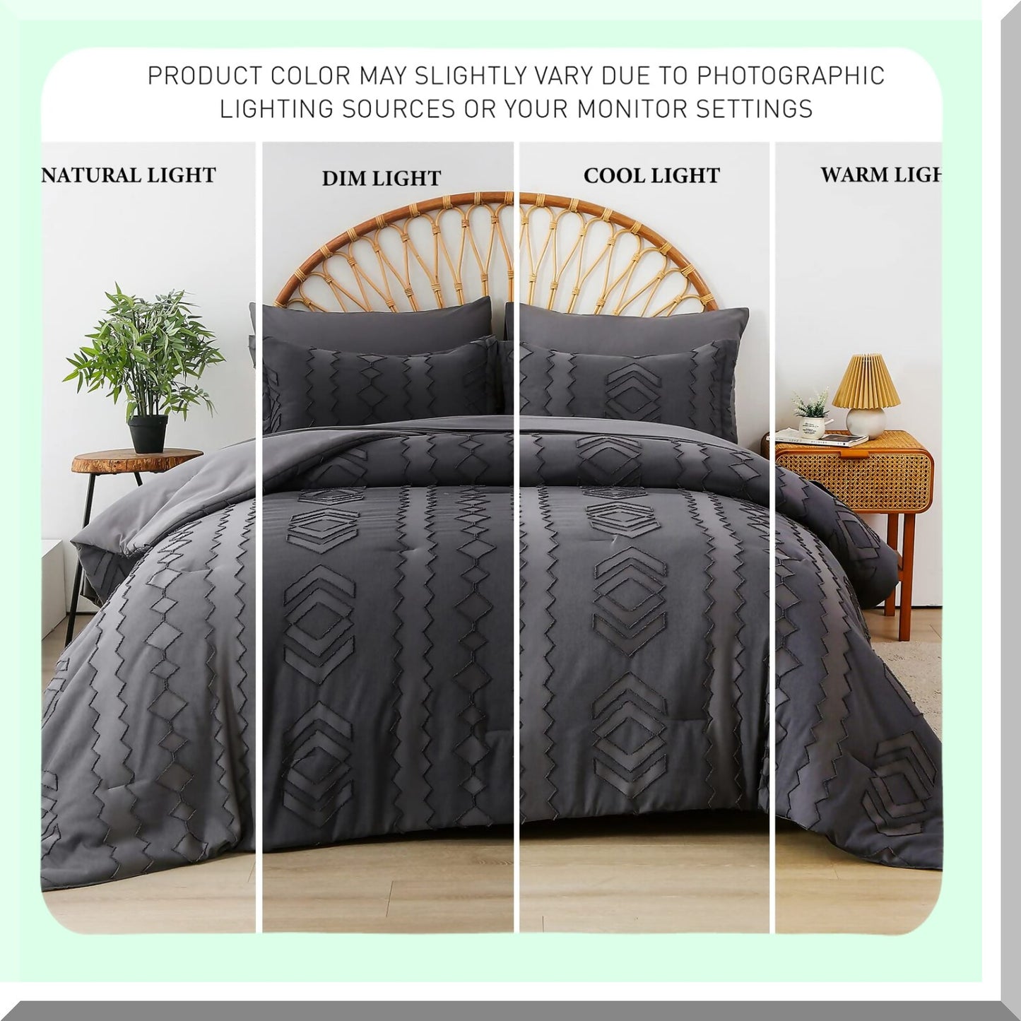 Boho Chic Jacquard Comforter Set - Dark Grey Queen Bedding Ensemble - Farmhouse Microfiber Bed in a Bag - Shabby Chic 7 Piece Sheet Set
