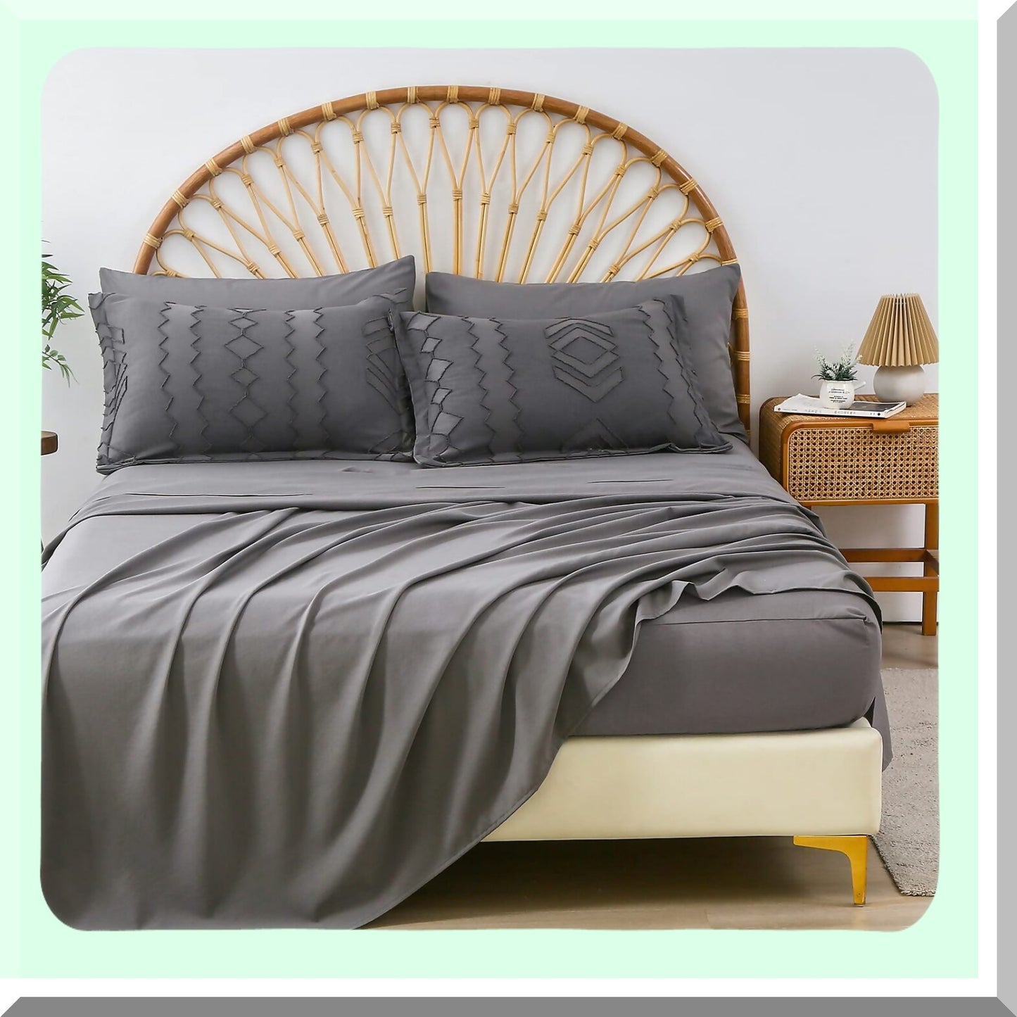 Boho Chic Jacquard Comforter Set - Dark Grey Queen Bedding Ensemble - Farmhouse Microfiber Bed in a Bag - Shabby Chic 7 Piece Sheet Set