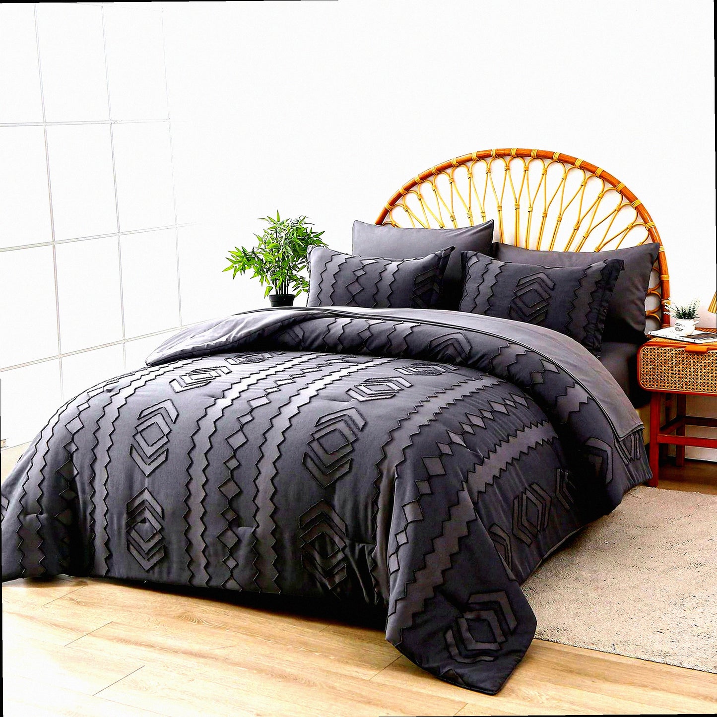 Boho Chic Jacquard Comforter Set - Dark Grey Queen Bedding Ensemble - Farmhouse Microfiber Bed in a Bag - Shabby Chic 7 Piece Sheet Set