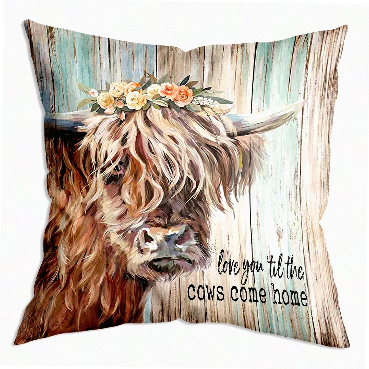 Highland Love Farmhouse Pillow Cover - Vintage Country Decor for Gifts & Home - 18x18 Inch Throw Pillow Cover with Highland Cows Art
