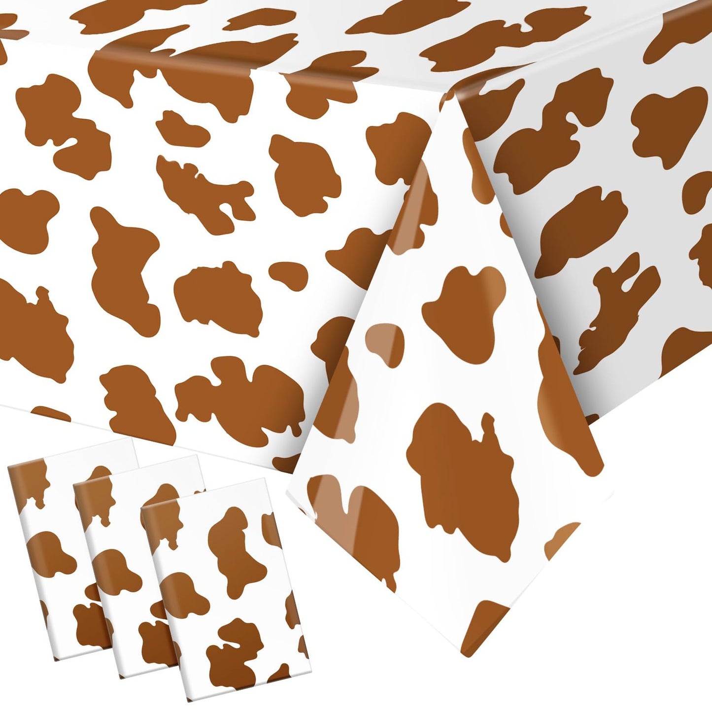 Highland Cow Print Tablecloth Set - 3 Pack Disposable Waterproof Plastic Table Covers for Western Cow Party Supplies, 51 x 87 Inches, Brown Cow Design