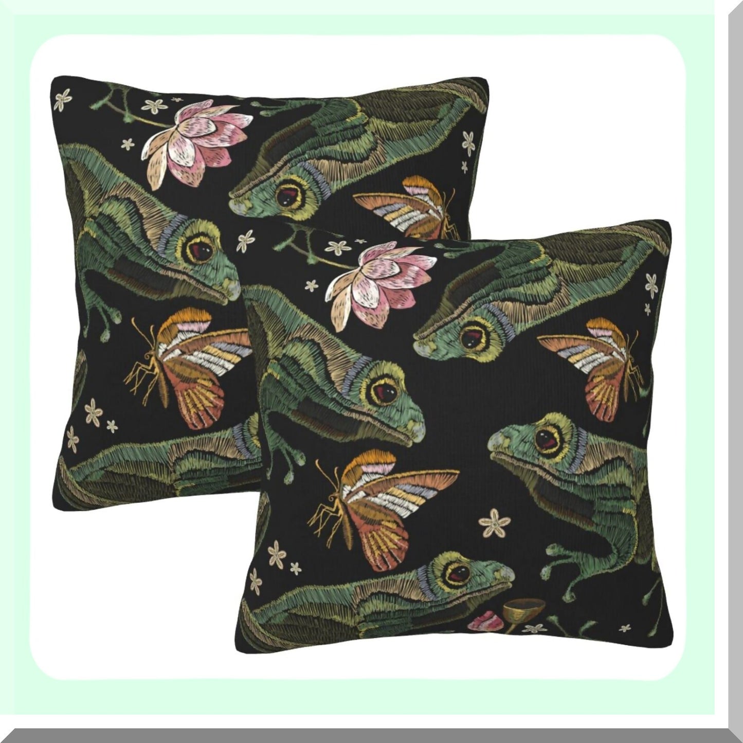 Vintage Lotus Butterfly Throw Pillow Cover Set - Decorative Square Pillowcase for Bedroom, Living Room, Sofa, Couch - 18 x 18 Inches - Set of 2