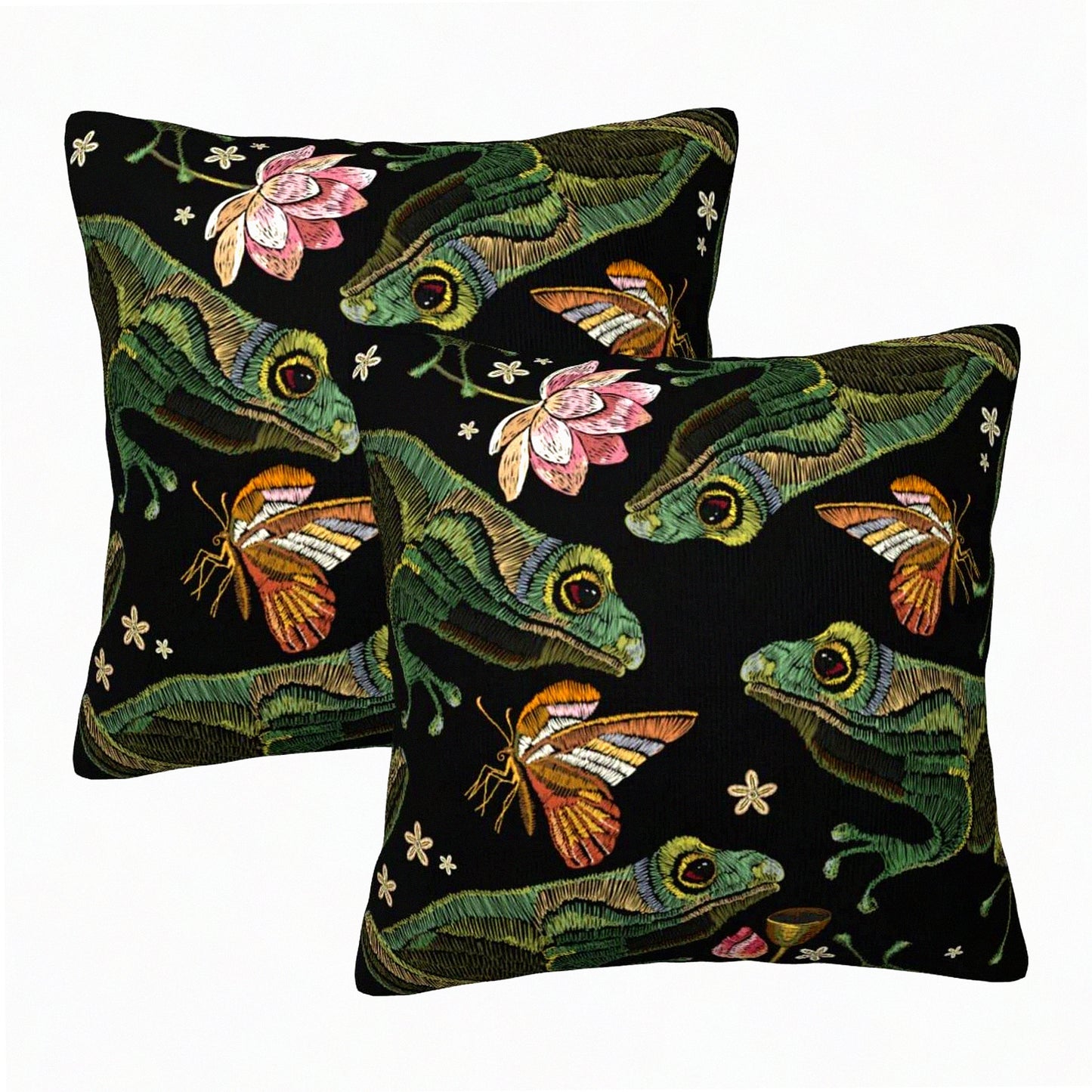 Vintage Lotus Butterfly Throw Pillow Cover Set - Decorative Square Pillowcase for Bedroom, Living Room, Sofa, Couch - 18 x 18 Inches - Set of 2