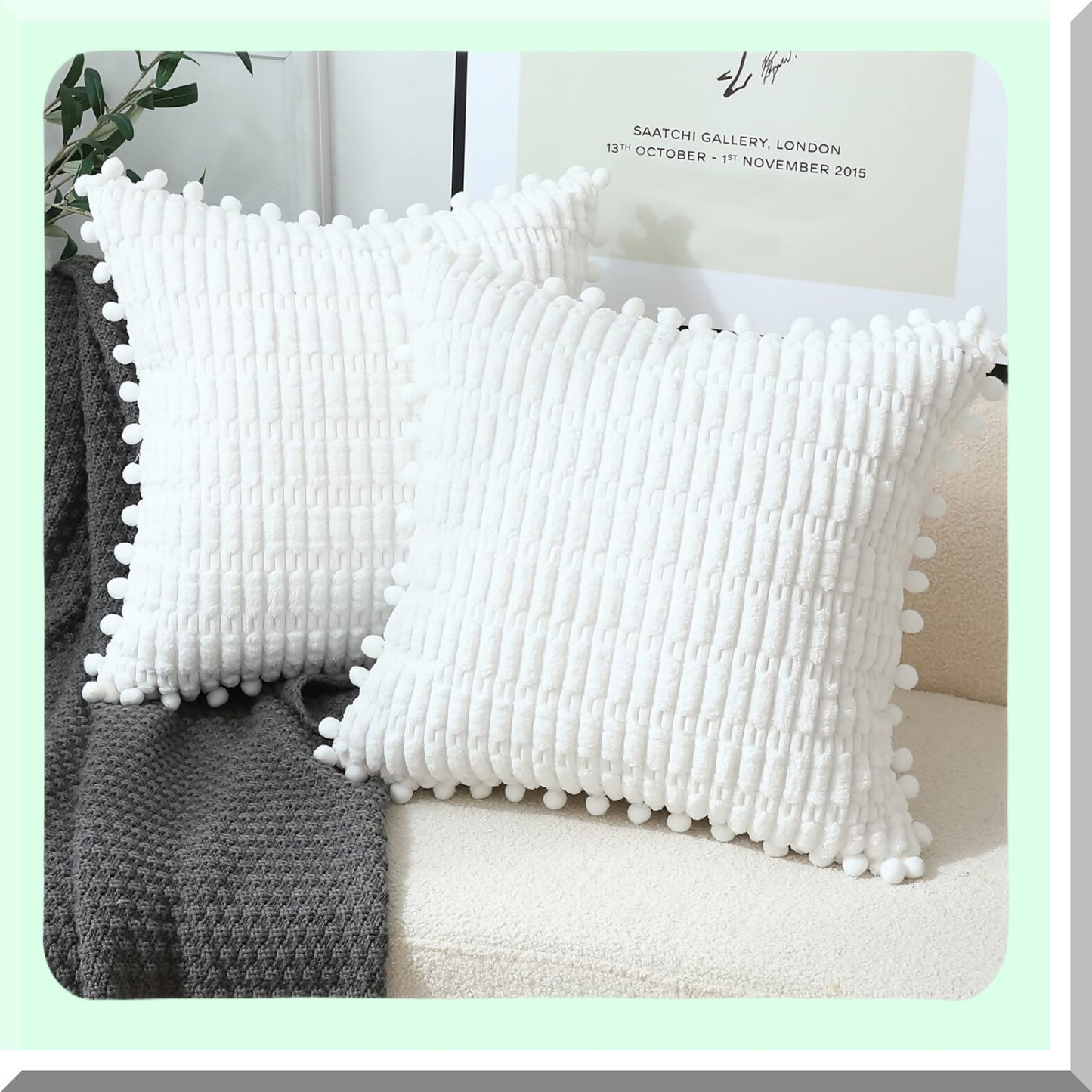 Soft Striped Boho Pom Pom Throw Pillow Covers - Set of 2 - 18x18 Inch - White Decorative Cushion Covers for Couch, Sofa, Bed - Living Room Décor