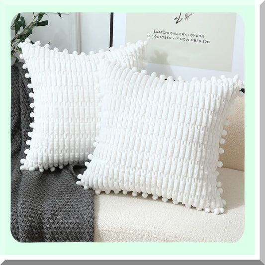 Soft Striped Boho Pom Pom Throw Pillow Covers - Set of 2 - 18x18 Inch - White Decorative Cushion Covers for Couch, Sofa, Bed - Living Room Décor