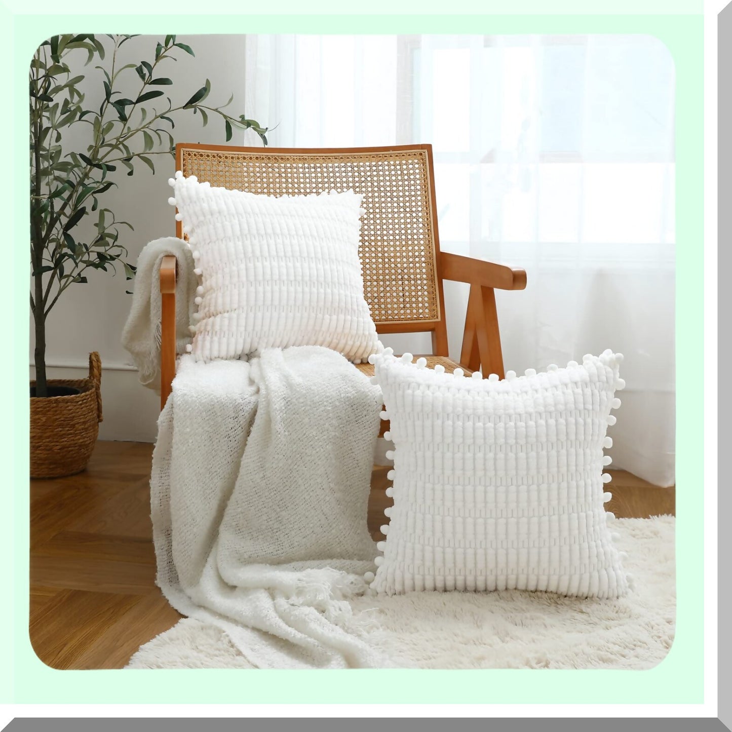 Soft Striped Boho Pom Pom Throw Pillow Covers - Set of 2 - 18x18 Inch - White Decorative Cushion Covers for Couch, Sofa, Bed - Living Room Décor