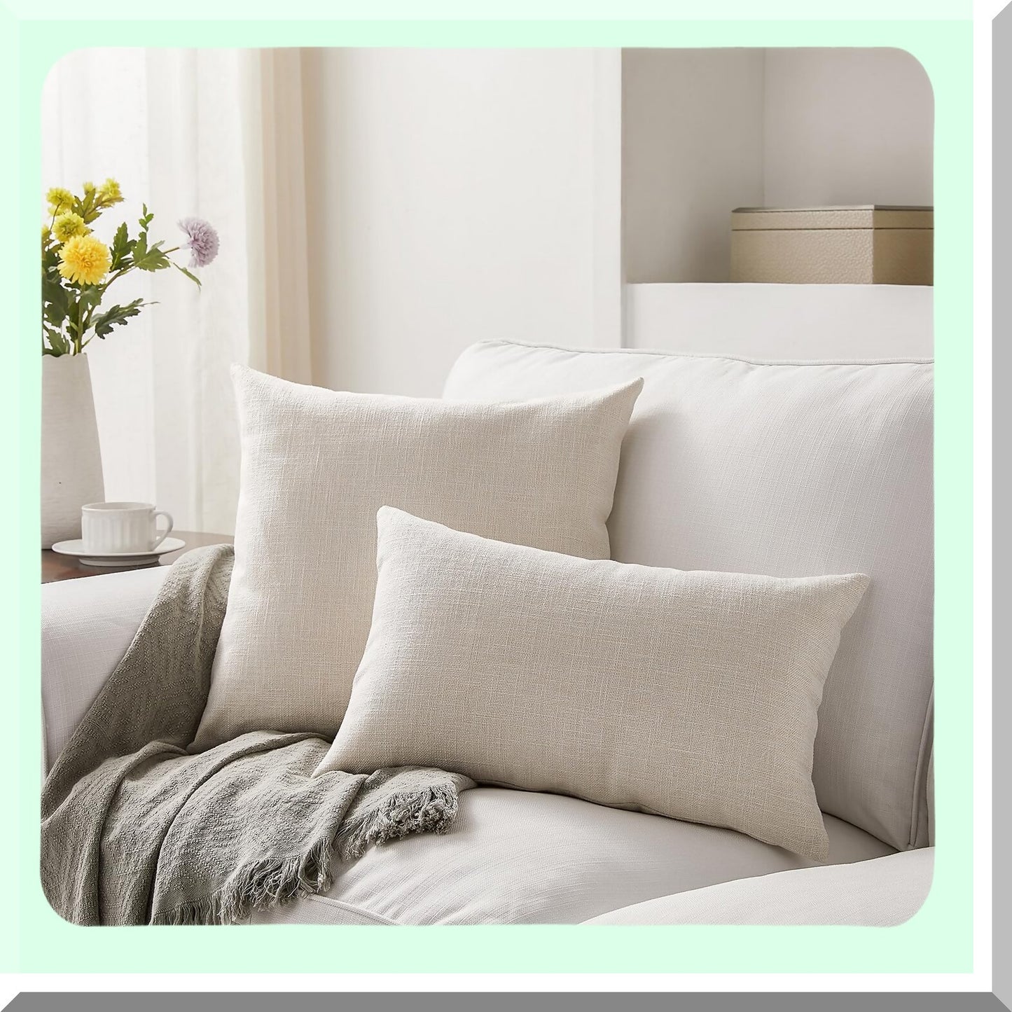 Ivory Linen Farmhouse Boho Pillow Covers - Set of 2 20x20 Inch Decorative Throw Cushion Covers for Sofa Couch Dcor - Home Decor Accessories