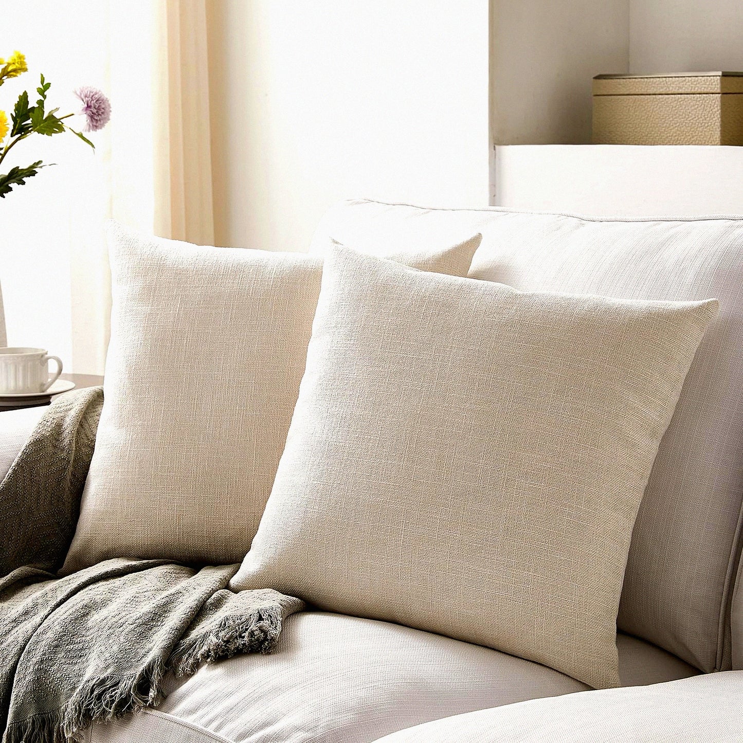 Ivory Linen Farmhouse Boho Pillow Covers - Set of 2 20x20 Inch Decorative Throw Cushion Covers for Sofa Couch Dcor - Home Decor Accessories