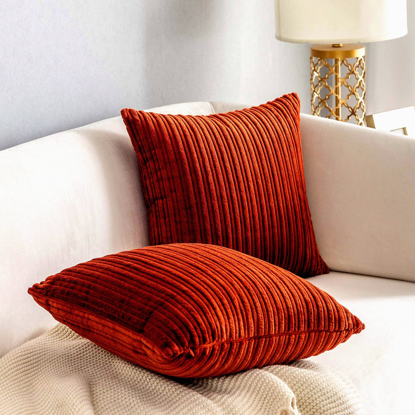 Autumn Bliss Corduroy Pillow Covers - Set of 2 Velvet Throw Cushion Cover for Fall Decor, Burnt Brick Color, 18x18 Inch Size - Seasonal Home Accent