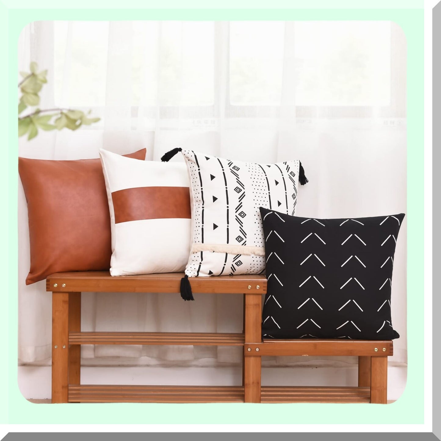 Modern Farmhouse Stripe Pillow Covers Set - Geometric Leather Cotton Decorative Cushion Cases for Bedroom Living Room Couch Sofa - Black/White - 18x18 - Pack of 4
