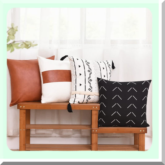 Modern Farmhouse Stripe Pillow Covers Set - Geometric Leather Cotton Decorative Cushion Cases for Bedroom Living Room Couch Sofa - Black/White - 18x18 - Pack of 4