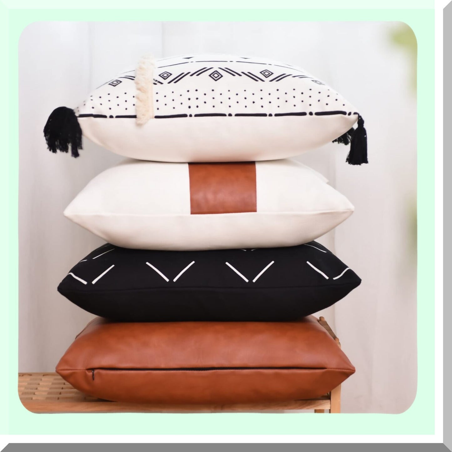 Modern Farmhouse Stripe Pillow Covers Set - Geometric Leather Cotton Decorative Cushion Cases for Bedroom Living Room Couch Sofa - Black/White - 18x18 - Pack of 4