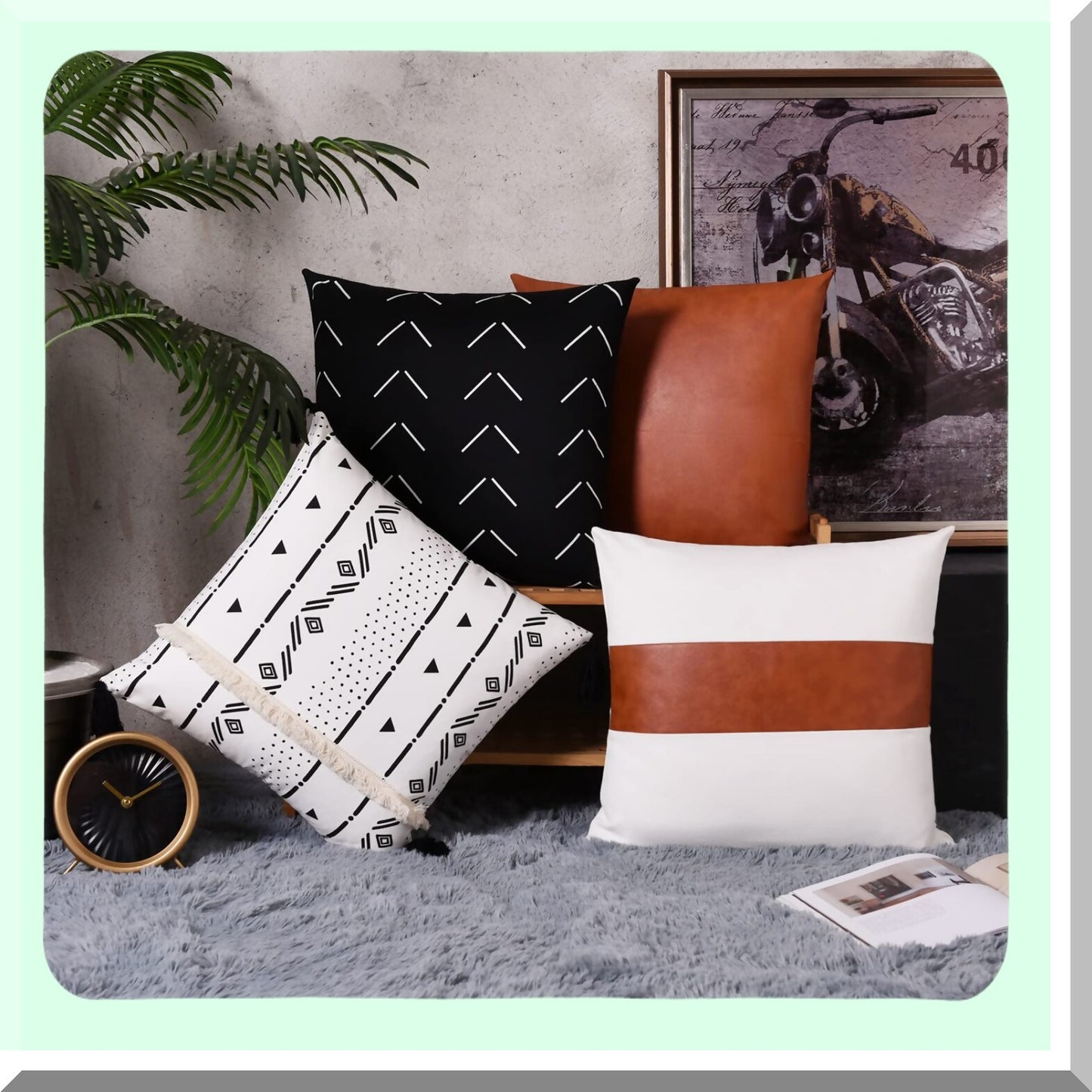 Modern Farmhouse Stripe Pillow Covers Set - Geometric Leather Cotton Decorative Cushion Cases for Bedroom Living Room Couch Sofa - Black/White - 18x18 - Pack of 4