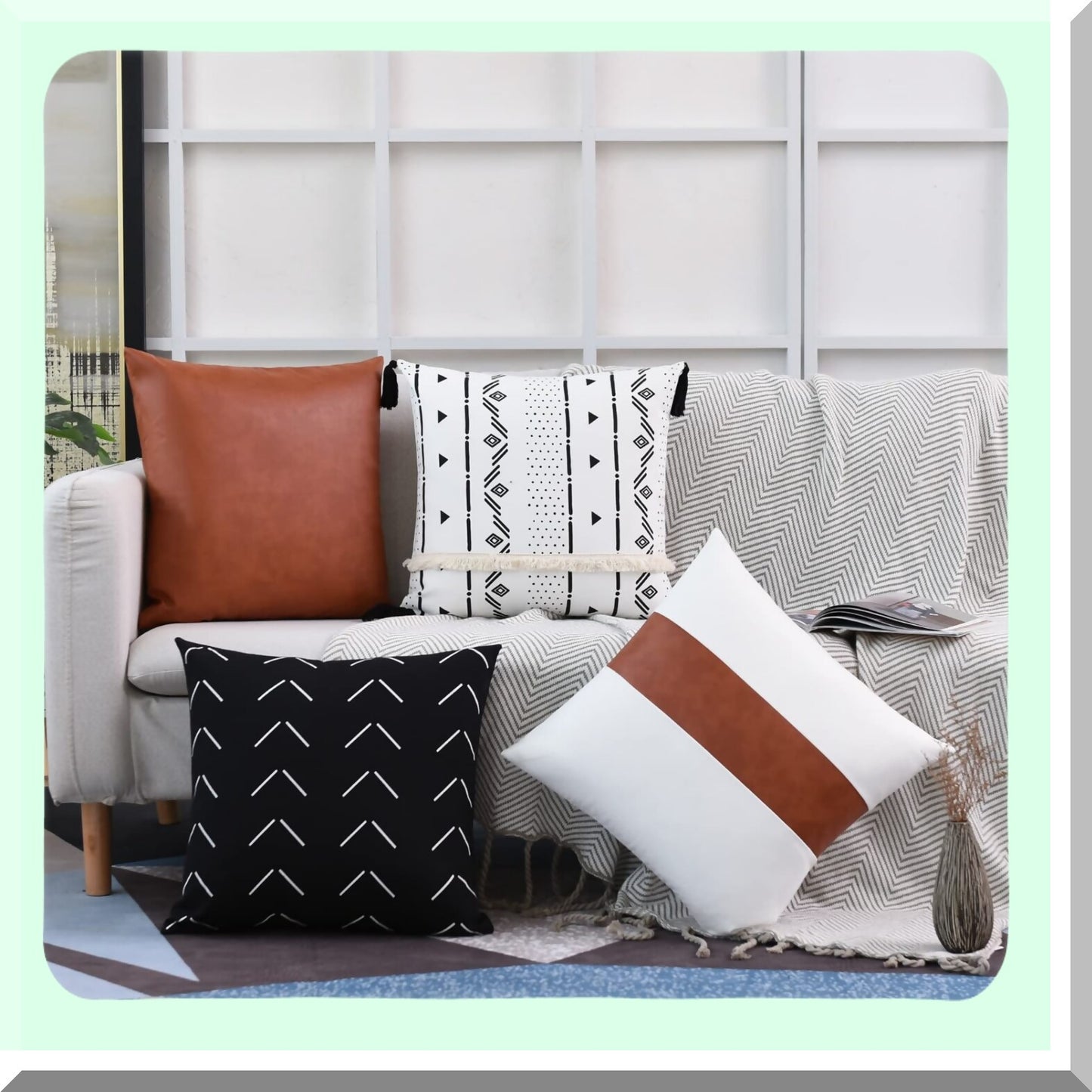 Modern Farmhouse Stripe Pillow Covers Set - Geometric Leather Cotton Decorative Cushion Cases for Bedroom Living Room Couch Sofa - Black/White - 18x18 - Pack of 4